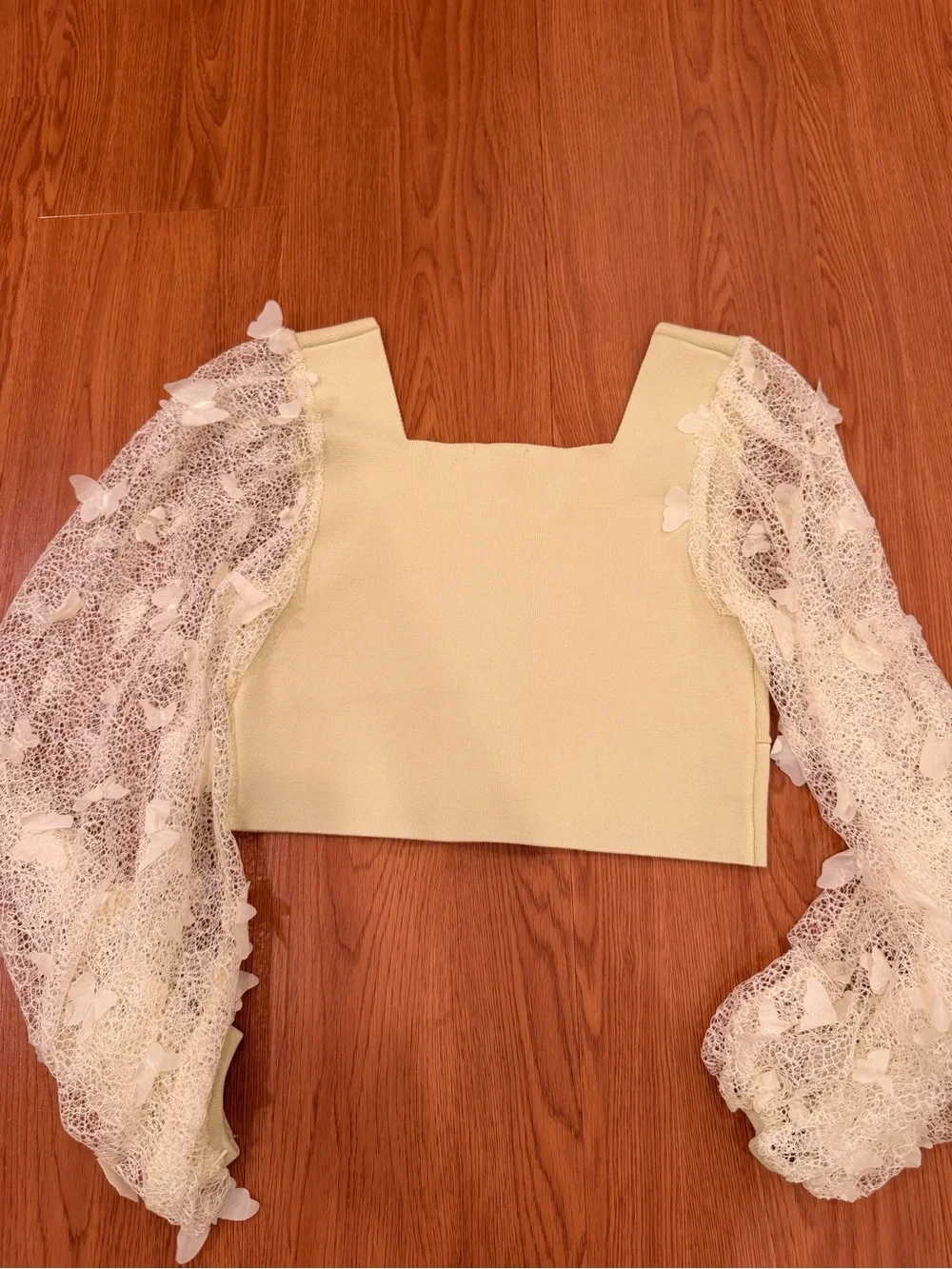 Yellow Square-Neck Crop Top with Lace Puff Sleeves and Butterfly Apliques